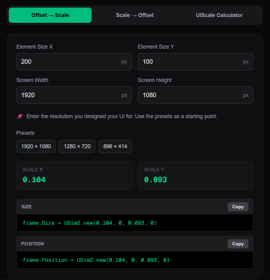 The Roblox UI Scale Calculator web app with the Offset to Scale tab active. Element Size X is 200, Y is 100, Screen 1920 x 1080. Result shows Scale X 0.104 and Scale Y 0.093 with copyable UDim2 code.